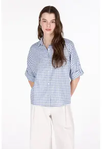 Camasa cu model gingham cu maneci medii - Alb/Albastru