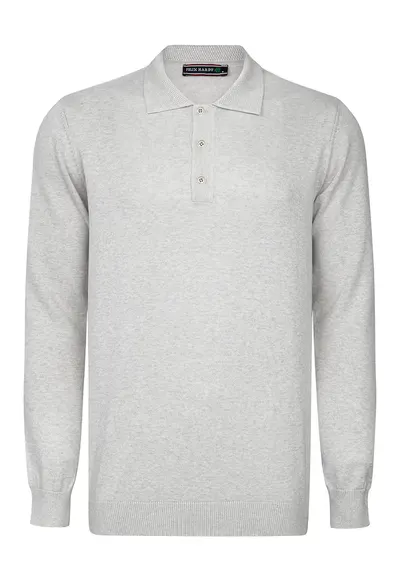 Pulover polo de bumbac - Gri deschis melange